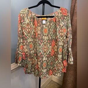 Ruby Rd. Olive and Coral Patterned Blouse XL